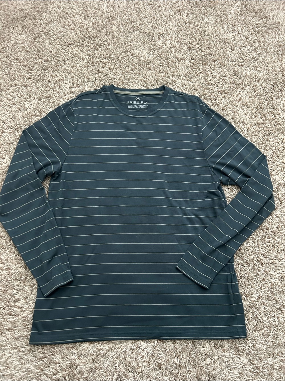 Free Fly Shirt Performance Bamboo Mens Medium Blue Striped Long Sleeve Crewneck